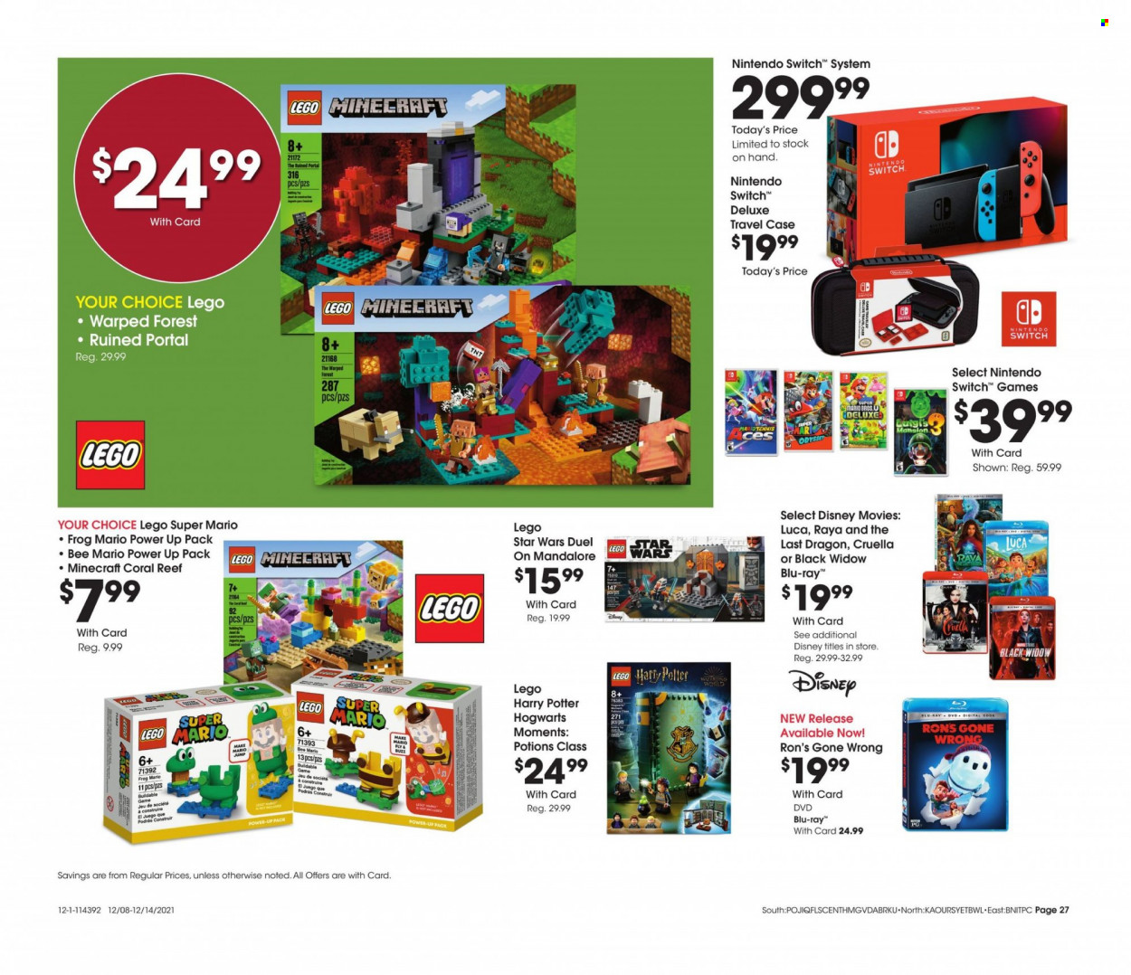 thumbnail - Fred Meyer Flyer - 12/08/2021 - 12/14/2021 - Sales products - Nintendo Switch, Disney, Ron Pelicano, Harry Potter, Hogwarts, DVD, Moments, Minecraft, Blu-ray, LEGO, LEGO Harry Potter, LEGO Minecraft, LEGO Star Wars, LEGO Super Mario. Page 27.