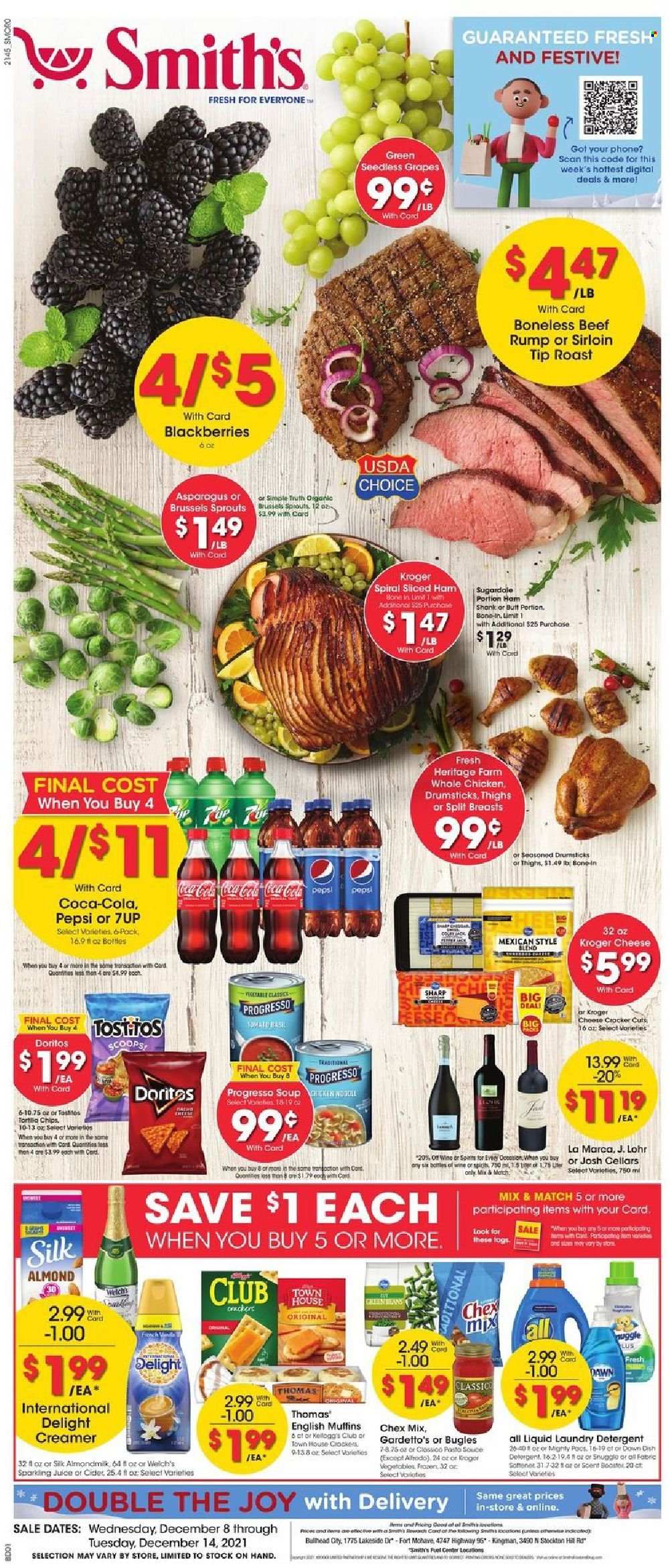 thumbnail - Smith's Flyer - 12/08/2021 - 12/14/2021 - Sales products - seedless grapes, english muffins, asparagus, brussel sprouts, grapes, Welch's, pasta sauce, sauce, Progresso, ham, ham shank, almond milk, creamer, Kellogg's, Doritos, chips, Smith's, Tostitos, Chex Mix, esponja, Classico, Coca-Cola, Pepsi, juice, 7UP, sparkling juice, cider, whole chicken, detergent, laundry detergent. Page 1.