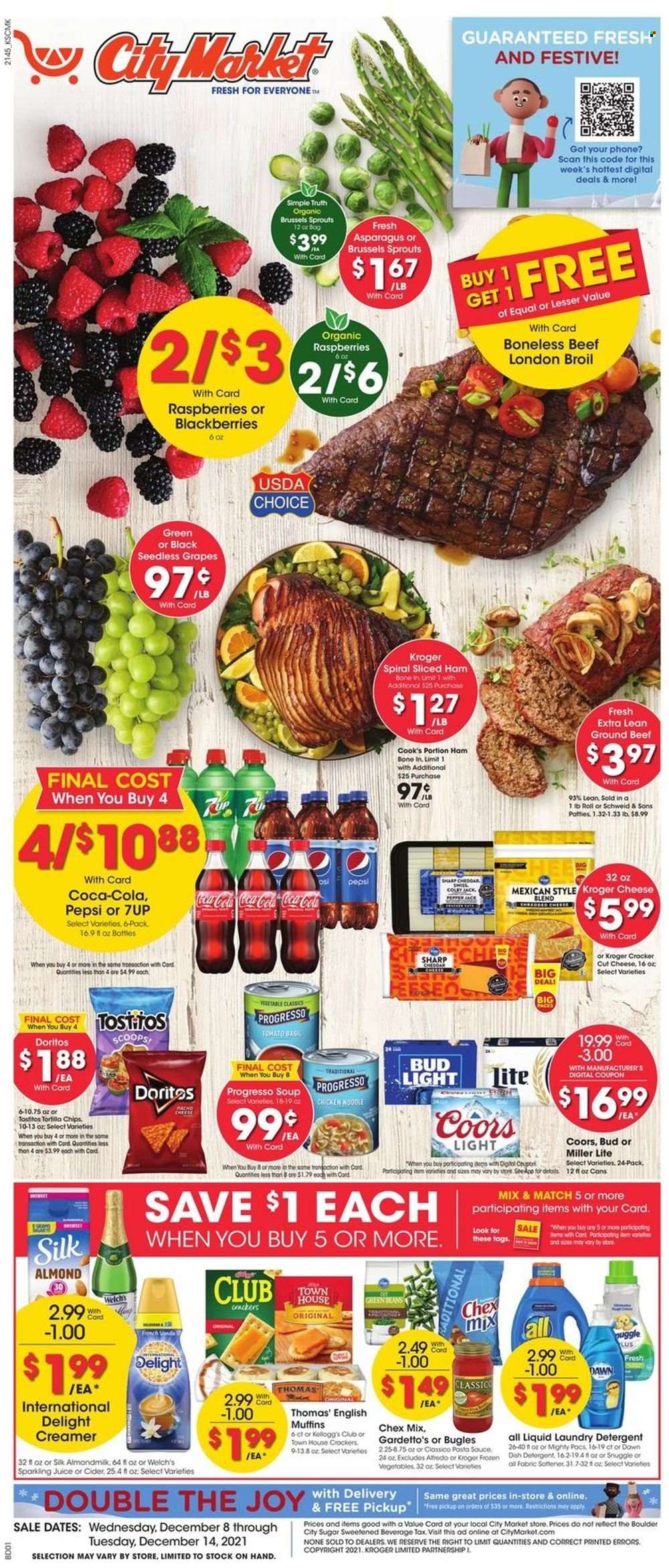 thumbnail - City Market Flyer - 12/08/2021 - 12/14/2021 - Sales products - seedless grapes, english muffins, asparagus, beans, green beans, brussel sprouts, blackberries, grapes, Welch's, Progresso, ham, Cook's, cheese, almond milk, creamer, crackers, Kellogg's, Doritos, Chex Mix, sugar, esponja, Classico, Coca-Cola, Pepsi, juice, 7UP, sparkling juice, cider, beer, Bud Light, beef meat, ground beef, detergent, Snuggle, fabric softener, laundry detergent, Sharp, Miller Lite, Coors. Page 1.