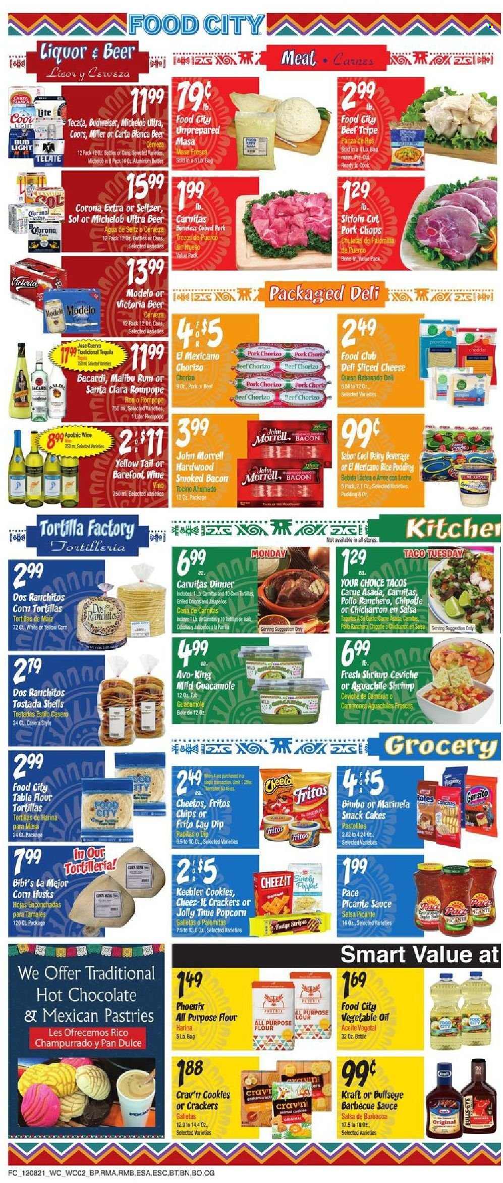 thumbnail - Food City Flyer - 12/08/2021 - 12/14/2021 - Sales products - tortillas, tostadas, tacos, flour tortillas, pastries, corn, onion, shrimps, sauce, Kraft®, bacon, guacamole, sliced cheese, cheese, rice pudding, dip, cookies, fudge, crackers, Keebler, snack cake, Fritos, Cheetos, popcorn, Cheez-It, all purpose flour, BBQ sauce, salsa, vegetable oil, oil, hot chocolate, wine, alcohol, Bacardi, liqueur, rum, tequila, liquor, Malibu, beer, Budweiser, Corona Extra, Miller, Sol, Modelo, beef meat, beef tripe, pork chops, pork meat, Coors, Michelob. Page 2.