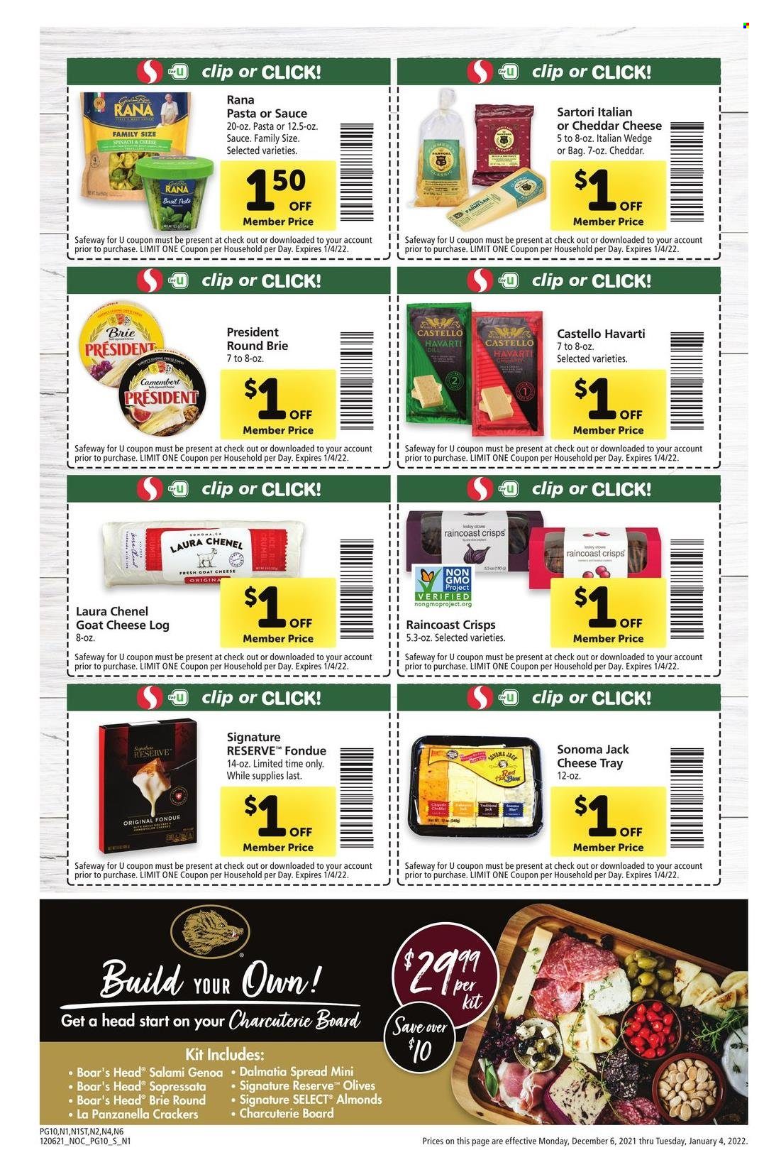 thumbnail - Safeway Flyer - 12/06/2021 - 01/04/2022 - Sales products - Rana, salami, camembert, goat cheese, Havarti, cheese, brie, Président, crackers, olives, almonds. Page 10.