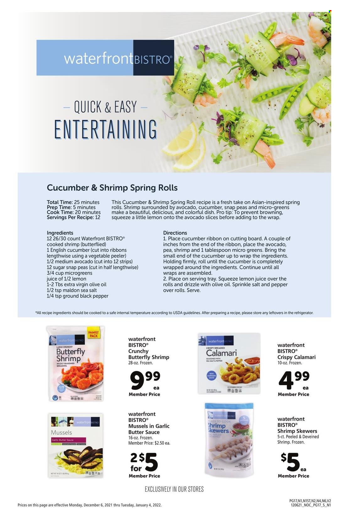 thumbnail - Safeway Flyer - 12/06/2021 - 01/04/2022 - Sales products - wraps, avocado, calamari, mussels, shrimps, spring rolls, butter, snap peas, sea salt, extra virgin olive oil, oil, lemon juice, micro greens. Page 17.