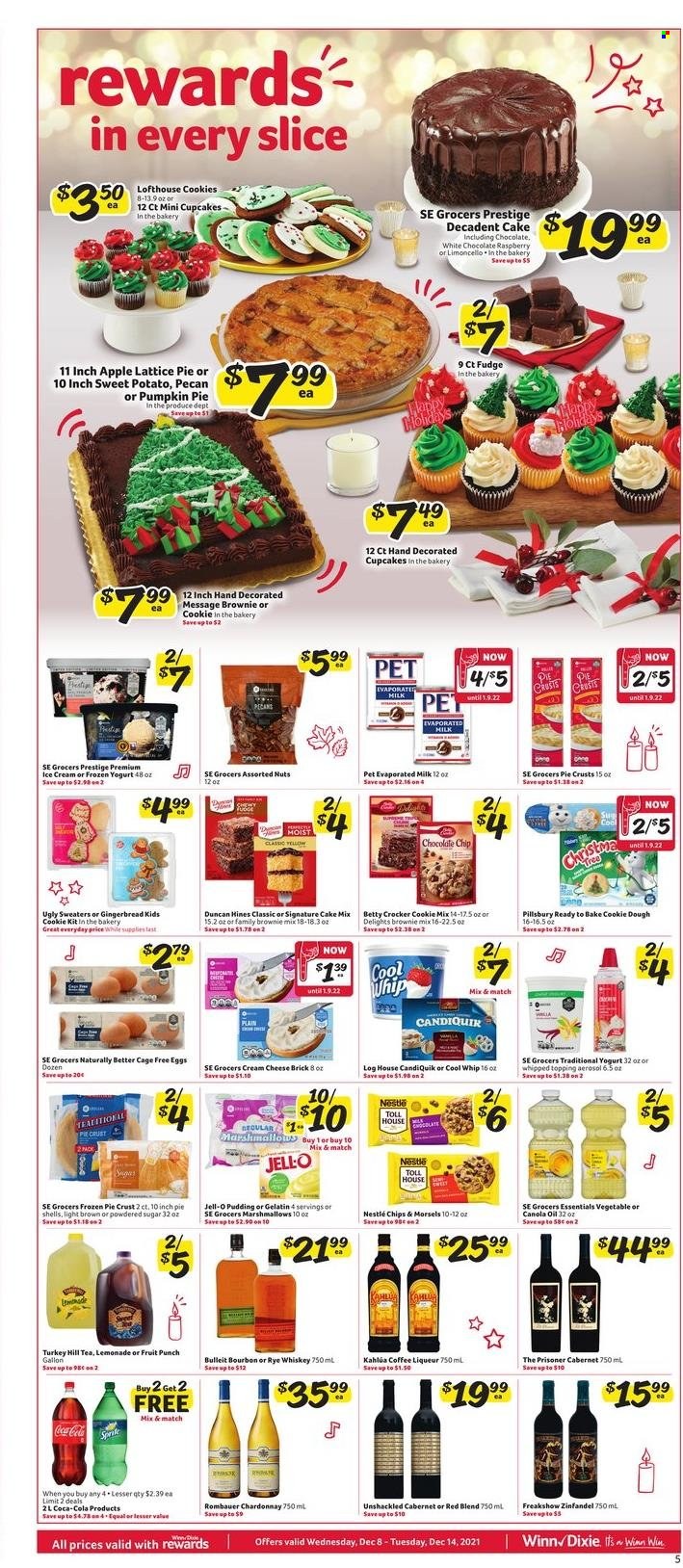 thumbnail - Winn Dixie Flyer - 12/08/2021 - 12/14/2021 - Sales products - cupcake, gingerbread, brownie mix, cake mix, sweet potato, pumpkin, Pillsbury, cream cheese, cheese, pudding, yoghurt, evaporated milk, eggs, cage free eggs, Cool Whip, ice cream, cookie dough, fudge, marshmallows, Nestlé, UglyDolls, sugar, pie crust, topping, Jell-O, icing sugar, canola oil, oil, pecans, Coca-Cola, lemonade, fruit punch, tea, coffee, Kahlúa, Cabernet Sauvignon, red wine, white wine, Chardonnay, wine, bourbon, Limoncello, liqueur, whiskey, whisky. Page 5.