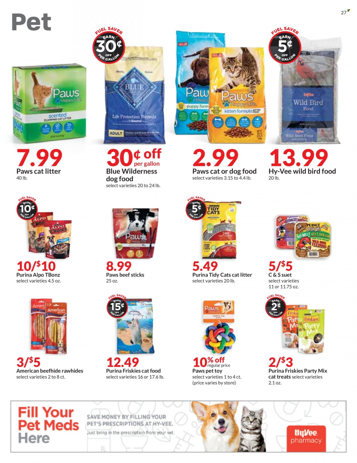 thumbnail - Hy-Vee Flyer - 12/08/2021 - 12/14/2021 - Sales products - beef sticks, suet, cat litter, Paws, animal food, bird food, cat food, dog food, Purina, Friskies, Alpo, Blue Wilderness, toys. Page 27.