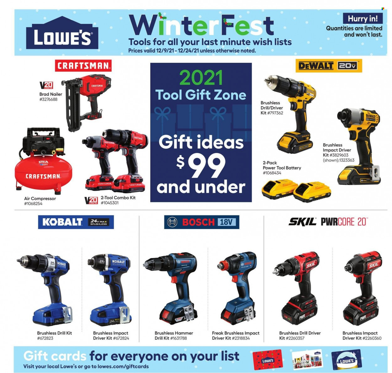 thumbnail - Lowe's Flyer - 12/09/2021 - 12/22/2021 - Sales products - DeWALT, nailer, battery, hammer, drill, impact driver, Craftsman, combo kit, air compressor. Page 1.