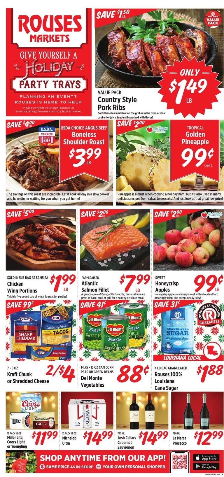 thumbnail - Rouses Markets Flyer - 12/08/2021 - 12/15/2021 - Sales products - tart, tacos, beans, corn, green beans, peas, pineapple, salmon, salmon fillet, Kraft®, ham, shredded cheese, cheddar, cane sugar, granulated sugar, sugar, Cabernet Sauvignon, red wine, prosecco, wine, beer, Lager, beef meat, pork meat, pork ribs, Omega-3, Miller Lite, Coors, Yuengling, Michelob. Page 1.