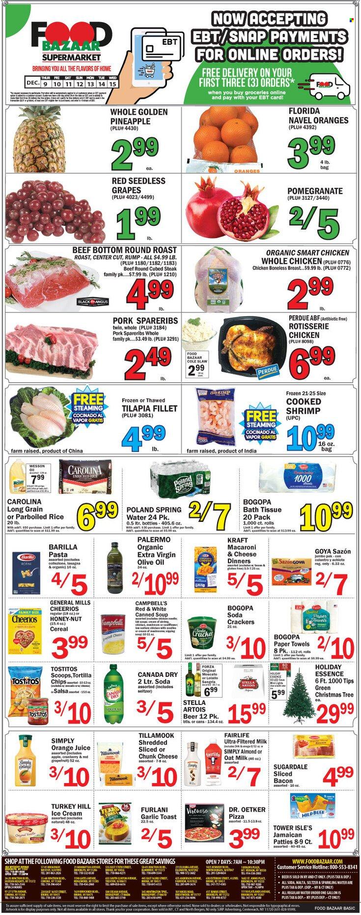 thumbnail - Food Bazaar Flyer - 12/09/2021 - 12/15/2021 - Sales products - seedless grapes, grapes, pineapple, tilapia, shrimps, Campbell's, macaroni & cheese, pizza, chicken roast, soup, pasta, Barilla, lasagna meal, Perdue®, Kraft®, Sugardale, bacon, Dr. Oetker, chunk cheese, milk, oat milk, ice cream, crackers, tortilla chips, Tostitos, Goya, cereals, Cheerios, rice, parboiled rice, salsa, extra virgin olive oil, olive oil, oil, Canada Dry, orange juice, juice, seltzer water, spring water, soda, sparkling water, Moscato, beer, whole chicken, beef meat, steak, round roast, pork spare ribs, Stella Artois, pomegranate, navel oranges. Page 1.