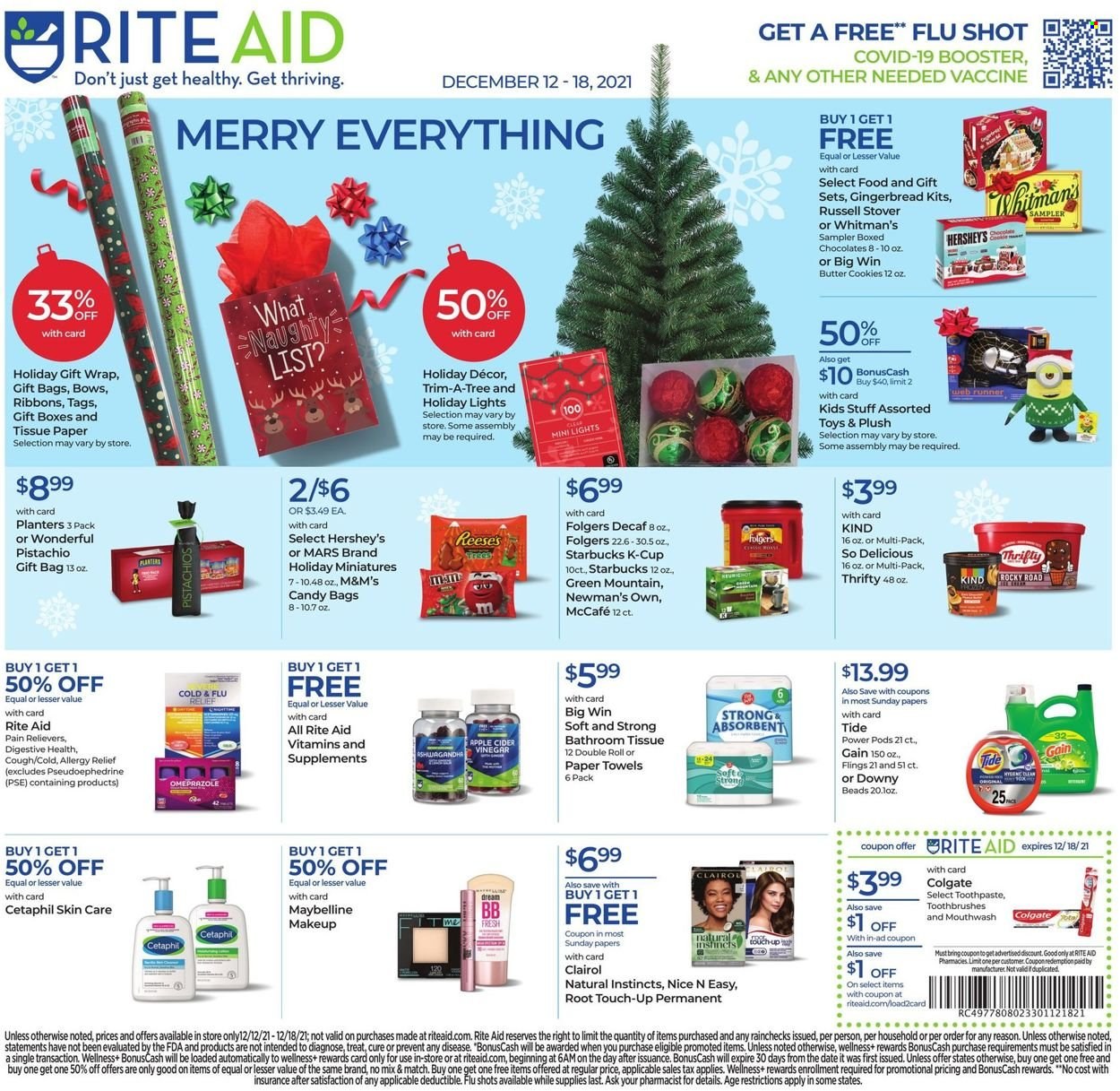 thumbnail - RITE AID Flyer - 12/12/2021 - 12/18/2021 - Sales products - Reese's, Hershey's, cookies, gingerbread, chocolate, butter cookies, Mars, M&M's, Planters, Starbucks, Folgers, coffee capsules, McCafe, K-Cups, Green Mountain, cider, bath tissue, toilet paper, kitchen towels, paper towels, Gain, Tide, Colgate, toothpaste, mouthwash, Root Touch-Up, Clairol, Brite, makeup, Maybelline, Cold & Flu, allergy relief. Page 1.