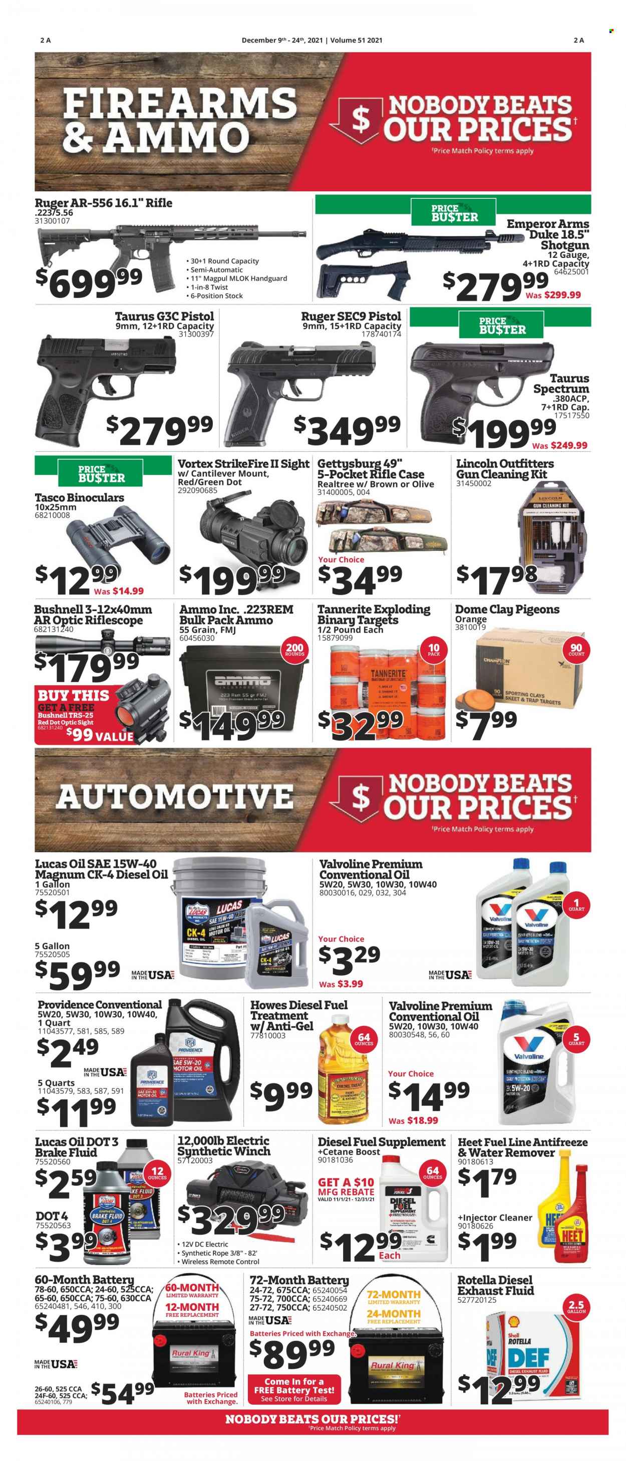 thumbnail - Rural King Flyer - 12/09/2021 - 12/24/2021 - Sales products - Boost, remote control, binoculars, riflescope, Ruger, Magpul, ammo, gun cleaning kit, winch, Lucas, injector cleaner, cleaner, antifreeze, water remover, Rotella, fuel supplement, Valvoline, brake fluid, diesel oil, conventional oil, exhaust fluid. Page 2.