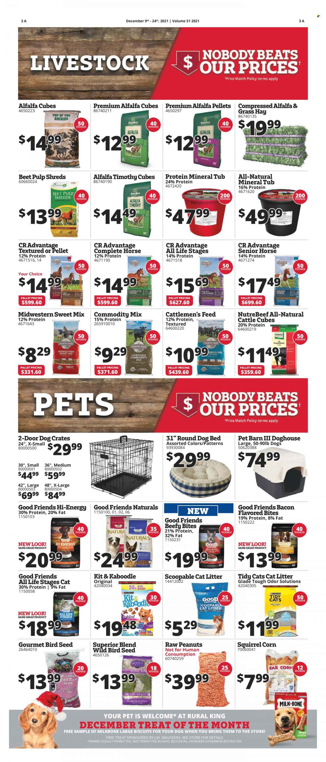 thumbnail - Rural King Flyer - 12/09/2021 - 12/24/2021 - Sales products - corn, peanuts, Glade, cat litter, dog bed, mineral tub, bird food, plant seeds, raw peanuts, complete horse, pellet gun. Page 4.