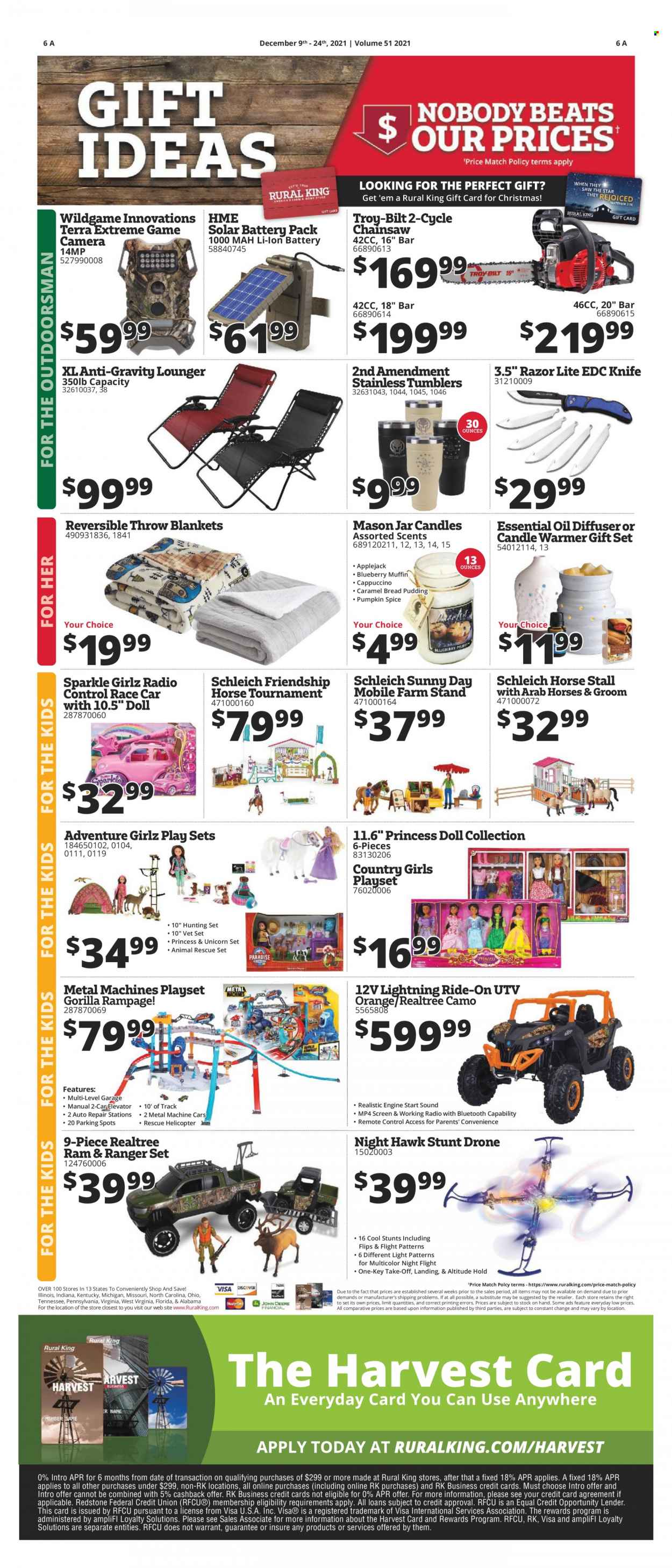 thumbnail - Rural King Flyer - 12/09/2021 - 12/24/2021 - Sales products - gift set, muffin, pudding, spice, caramel, cappuccino, knife, tumbler, jar, candle, diffuser, blanket, drone, camera, radio, remote control, doll, Schleich, play set, helicopter, princess, Sparkle Girlz, chain saw. Page 7.
