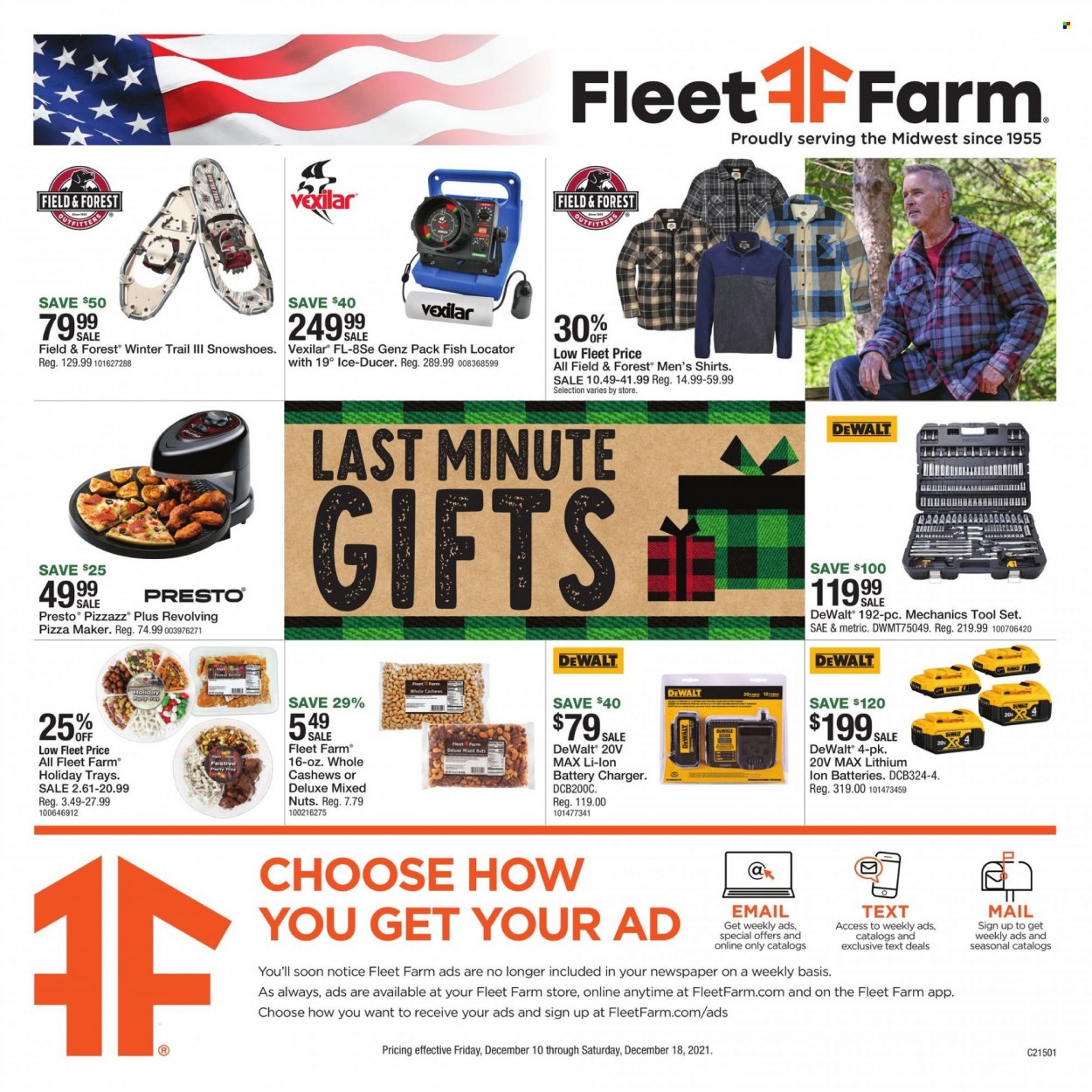 thumbnail - Fleet Farm Flyer - 12/10/2021 - 12/18/2021 - Sales products - DeWALT, cashews, mixed nuts, battery charger, shirt, tool set, mechanic's tools. Page 1.