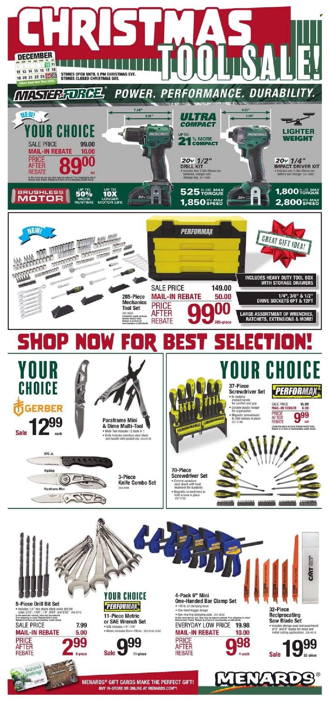 Menards Flyer - 12/10/2021 - 12/24/2021 - Sales products - knife, hanger, screwdriver, impact driver, drill bit set, saw, reciprocating saw blade, tool box, tool set, wrench set, screwdriver set, mechanic's tools, clamp set. Page 1.