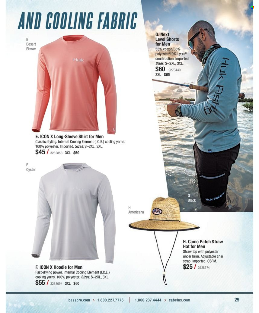 thumbnail - Bass Pro Shops Flyer - Sales products - hoodie, shorts, long-sleeve shirt, shirt, hat, straw hat. Page 29.