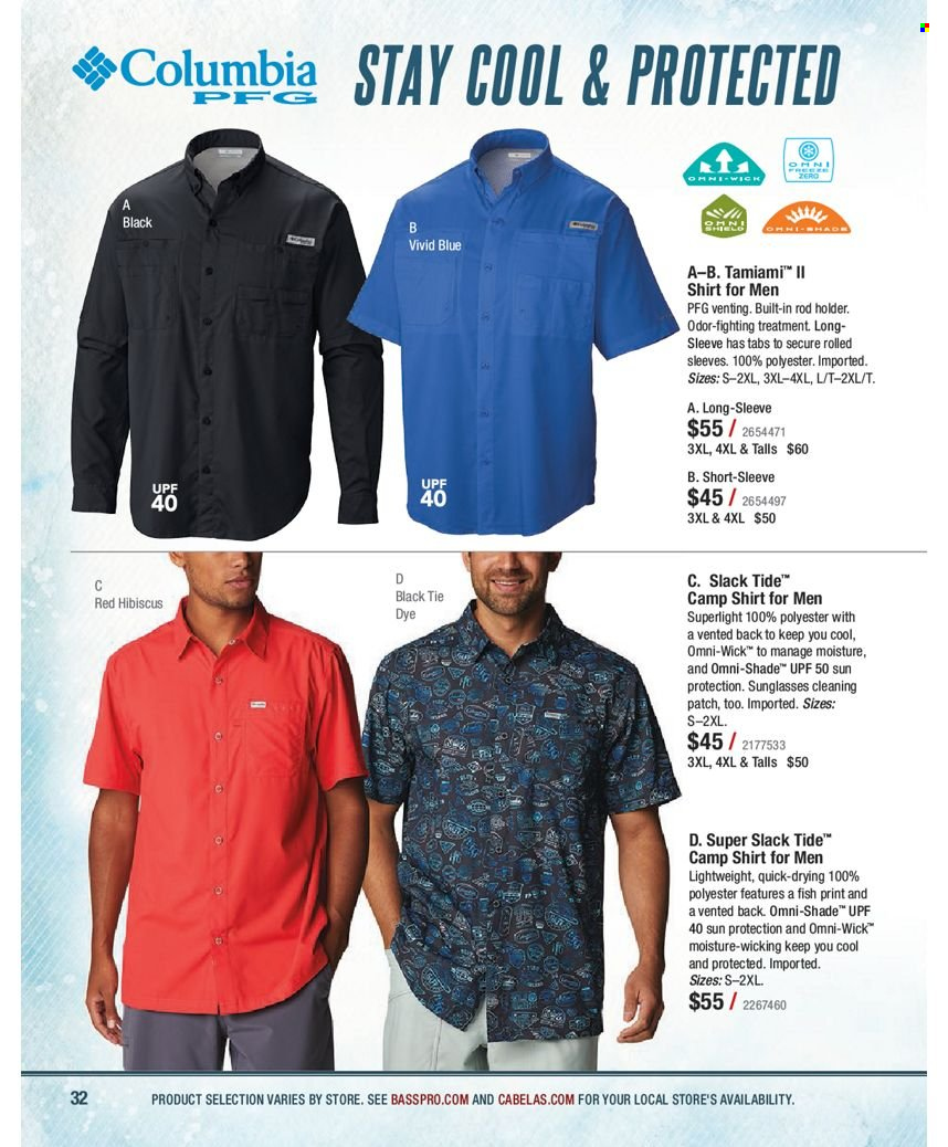 thumbnail - Bass Pro Shops Flyer - Sales products - Columbia, shirt, sunglasses. Page 32.