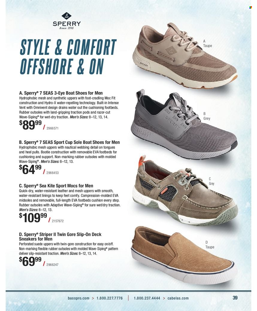 thumbnail - Bass Pro Shops Flyer - Sales products - mocs, shoes, slip-on shoes, sneakers, cushion, razor. Page 39.
