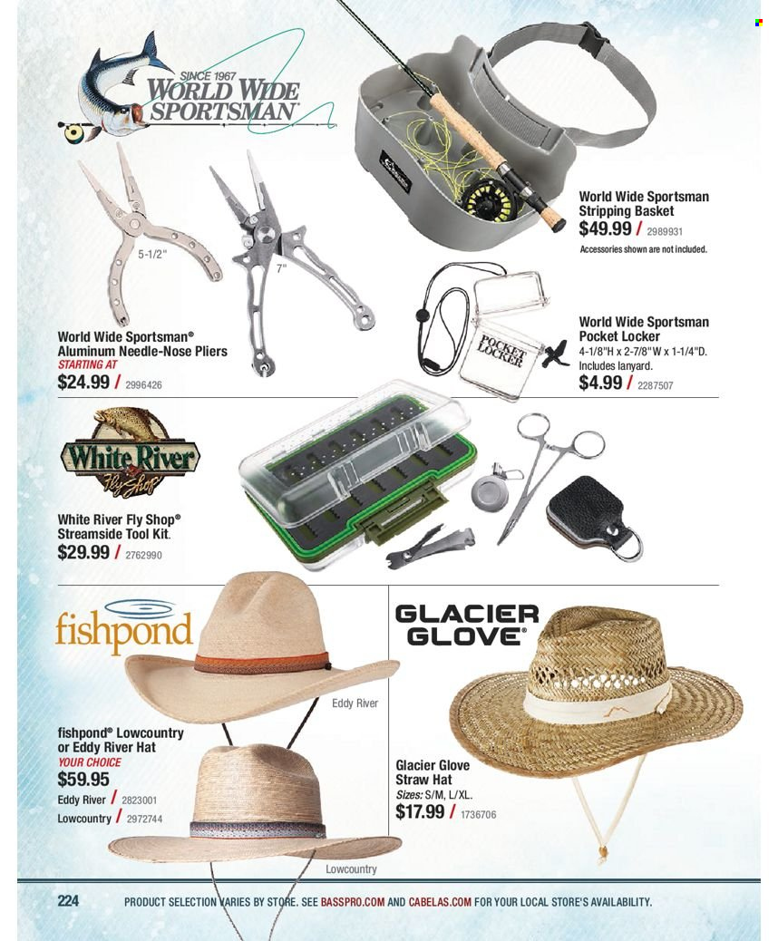 thumbnail - Bass Pro Shops Flyer - Sales products - hat, straw hat, locker, pliers, tool set. Page 224.