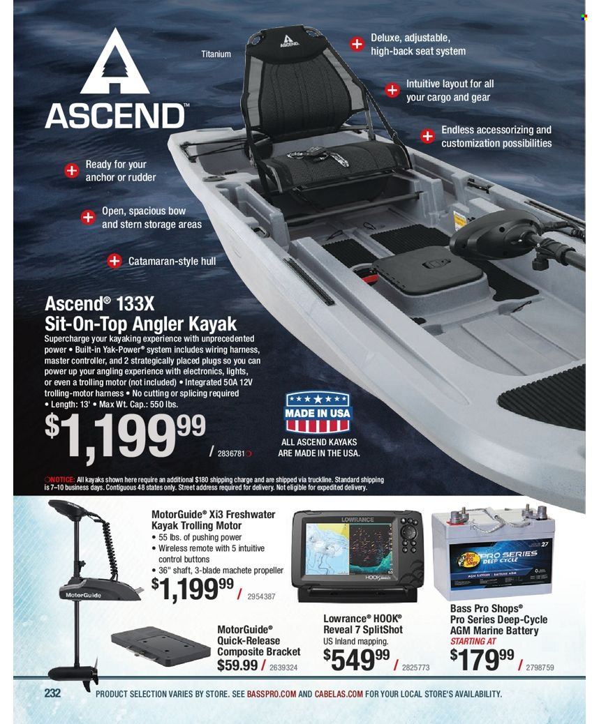 thumbnail - Bass Pro Shops Flyer - Sales products - Bass Pro, Lowrance, kayak. Page 232.