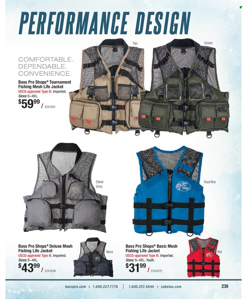 thumbnail - Bass Pro Shops Flyer - Sales products - Bass Pro, life jacket. Page 239.