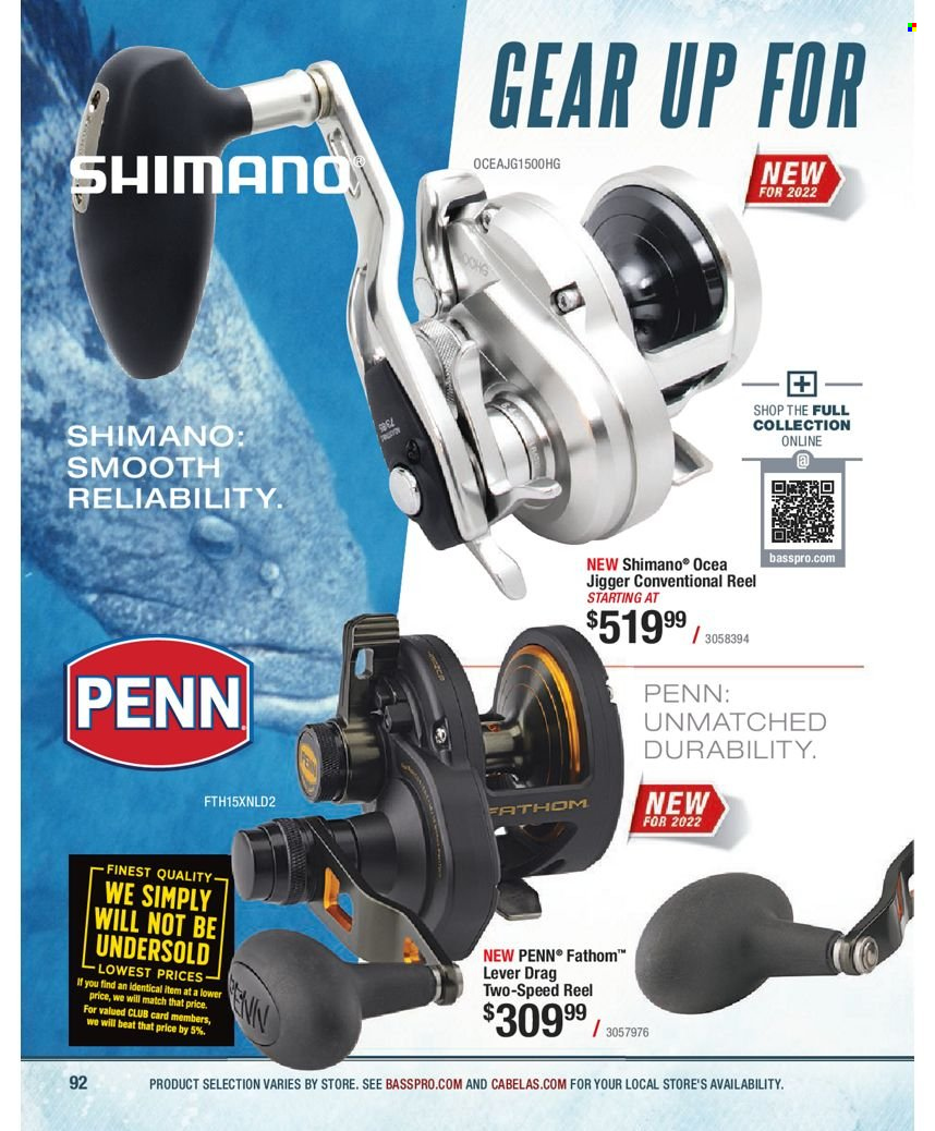 thumbnail - Cabela's Flyer - Sales products - Shimano, reel, fishing rod, Penn. Page 92.