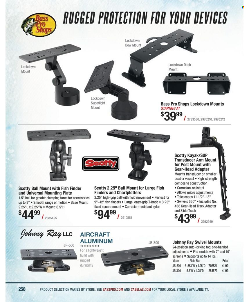 thumbnail - Cabela's Flyer - Sales products - Bass Pro, fish finder. Page 258.