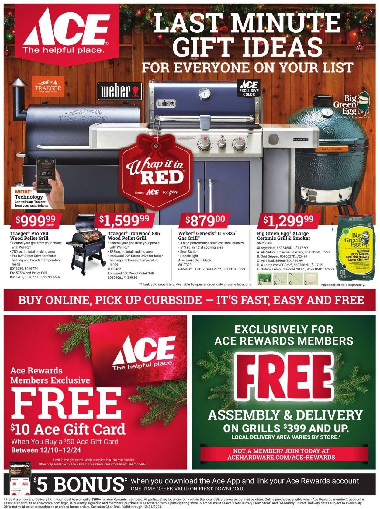 thumbnail - ACE Hardware Flyer - 12/10/2021 - 12/24/2021 - Sales products - tank, gas grill, grill, Weber, pellet grill, smoker. Page 1.