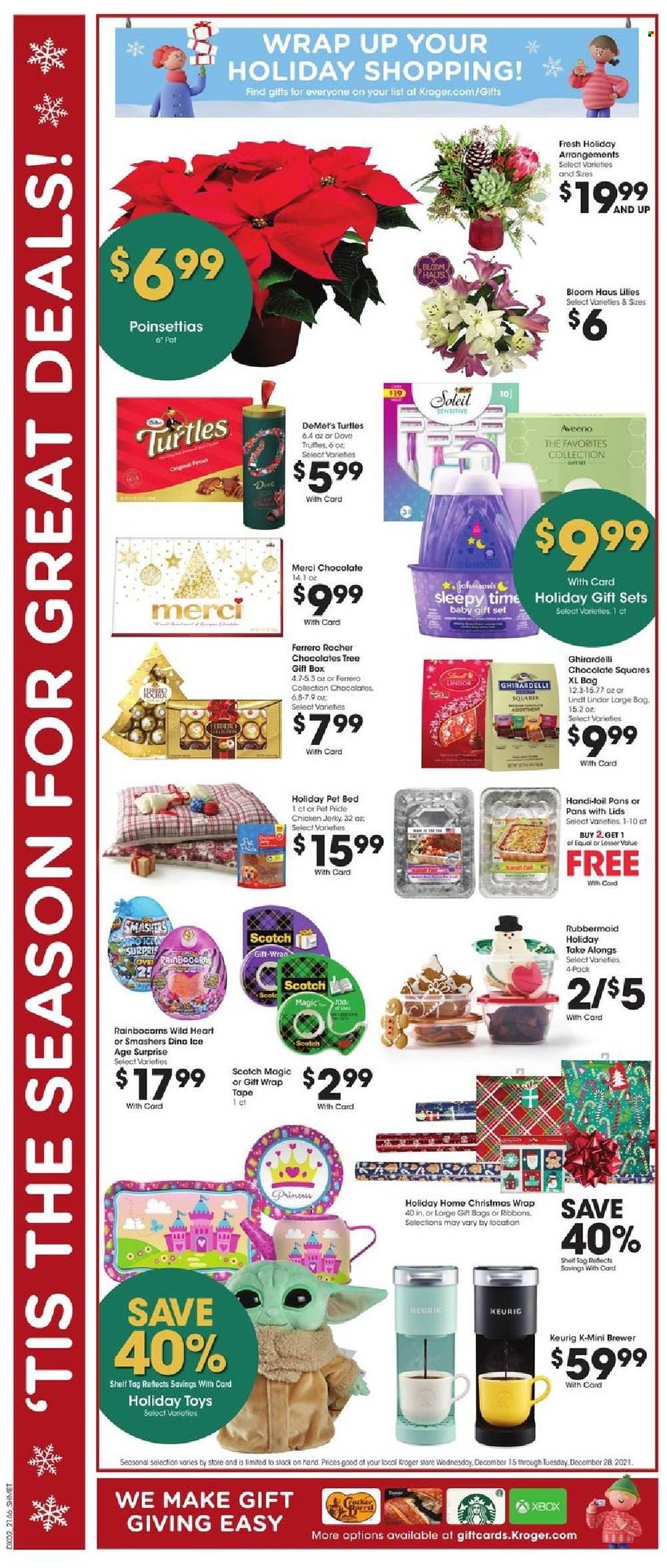thumbnail - Kroger Flyer - 12/15/2021 - 12/28/2021 - Sales products - jerky, gift set, chocolate, Lindt, Lindor, Ferrero Rocher, truffles, Merci, Ghirardelli, brewer, Keurig, Aveeno, Dove, bag, pot, gift box, gift wrap, christmas wrap, pet bed, turtles, Xbox, toys, poinsettia, Shell. Page 3.