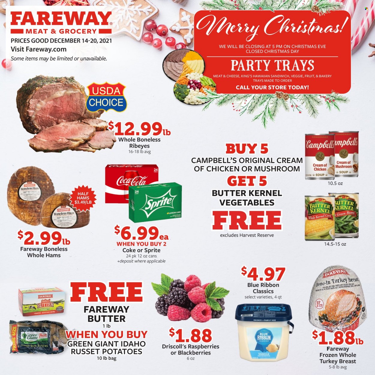 thumbnail - Fareway Flyer - 12/14/2021 - 12/20/2021 - Sales products - Blue Ribbon, russet potatoes, potatoes, blackberries, Campbell's, sandwich, Coca-Cola, Sprite, turkey breast, whole turkey. Page 1.