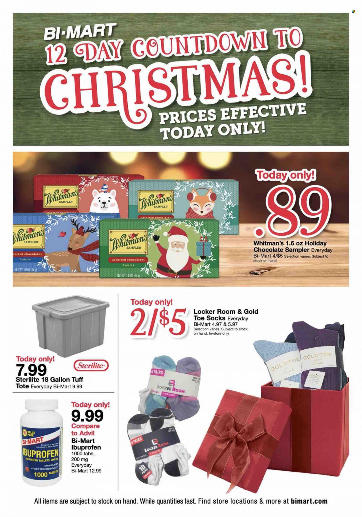 thumbnail - Bi-Mart Flyer - 12/14/2021 - 12/14/2021 - Sales products - cushion, tote, chocolate, gallon, Ibuprofen, Advil Rapid. Page 1.