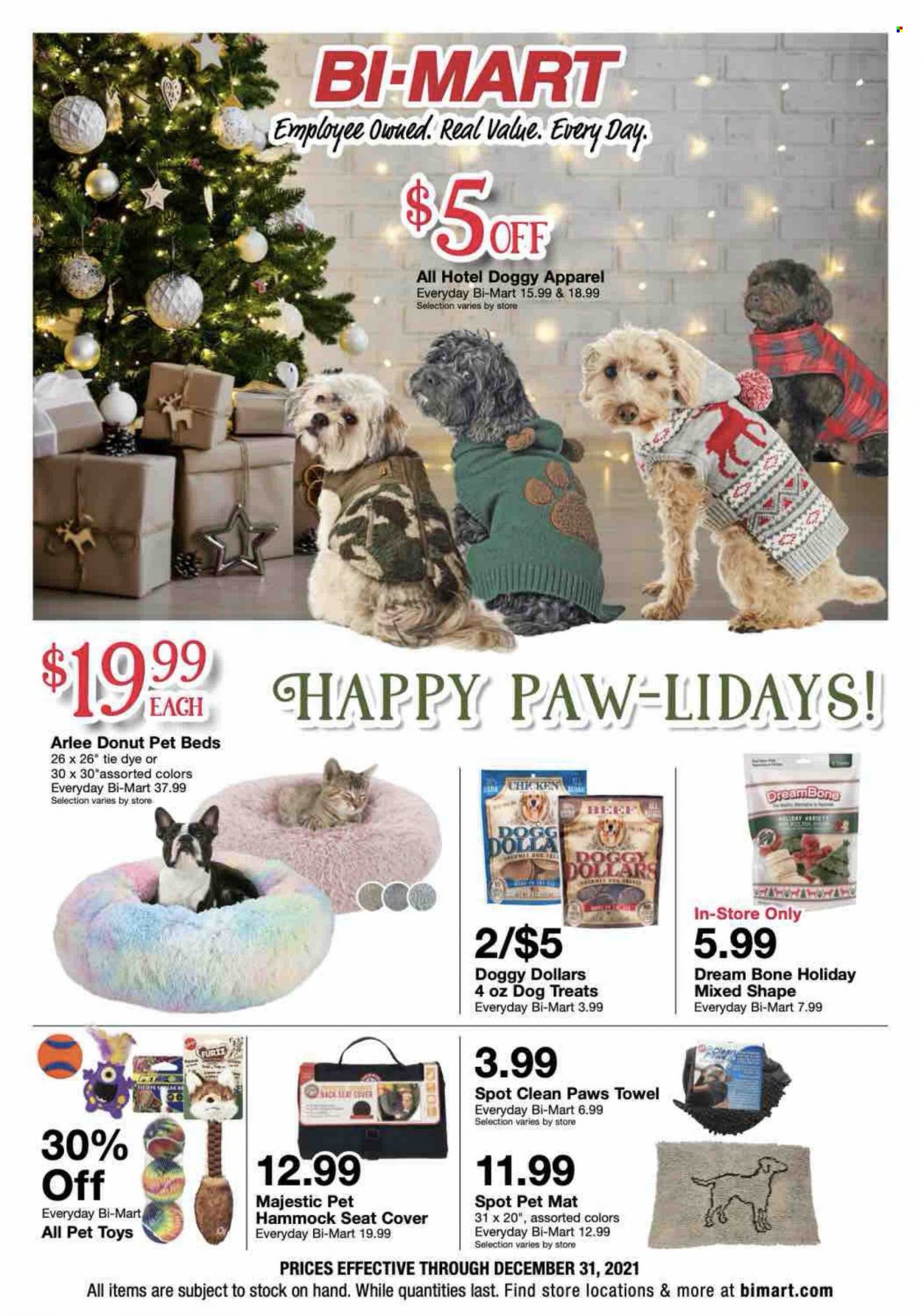 thumbnail - Bi-Mart Flyer - 12/13/2021 - 12/31/2021 - Sales products - bed, towel, pet bed, Paws, hammock, car seat cover. Page 1.