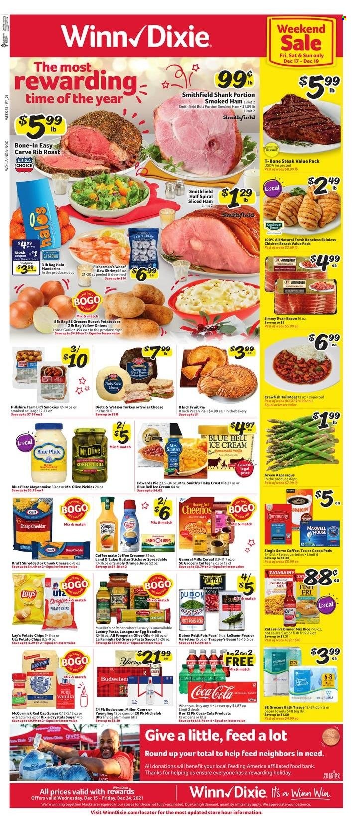 thumbnail - Winn Dixie Flyer - 12/15/2021 - 12/24/2021 - Sales products - pie, asparagus, garlic, russet potatoes, peas, onion, mandarines, shrimps, pasta sauce, sauce, noodles, lasagna meal, Kraft®, Jimmy Dean, bacon, ham, Hillshire Farm, smoked ham, Dietz & Watson, sausage, smoked sausage, swiss cheese, cheese, chunk cheese, Coffee-Mate, butter, creamer, mayonnaise, ice cream, Blue Bell, crawfish, potato chips, chips, Lay’s, Smith's, sugar, oats, pickles, cereals, Cheerios, rice, egg noodles, dill, hot sauce, Coca-Cola, orange juice, juice, Maxwell House, beer, Miller, beef meat, t-bone steak, steak, bath tissue, kitchen towels, paper towels, plate, Budweiser, Coors, Yuengling, Michelob. Page 1.