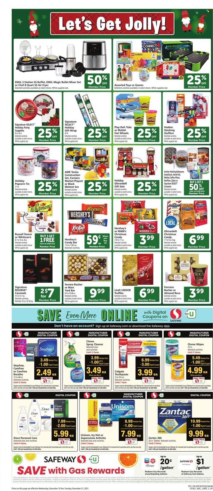 thumbnail - Safeway Flyer - 12/15/2021 - 12/21/2021 - Sales products - Anchor, Reese's, Hershey's, Lindt, Lindor, Ferrero Rocher, Snickers, Mars, truffles, M&M's, Ghirardelli, popcorn, rice, coffee, wipes, cleaner, Clorox, Joy, Dove, Colgate, toothpaste, Stayfree, Carefree, Ziploc, bakeware, container, gift wrap, party supplies, Mattel, play set, Play-doh, Hasbro, toys, Hot Wheels, air hockey table, Unisom, Zantac, Aspercreme. Page 7.