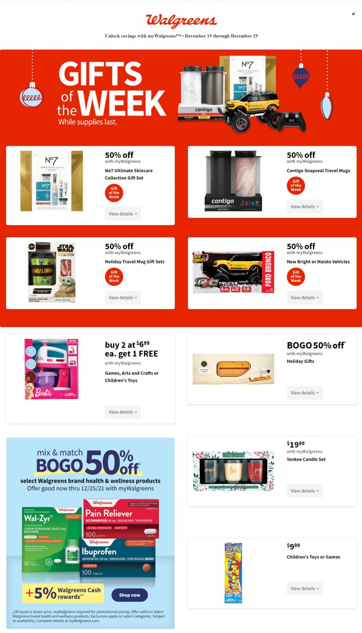 thumbnail - Walgreens Flyer - 12/19/2021 - 12/25/2021 - Sales products - gift set, candle, Yankee Candle, Barbie, Wal-Zyr, Ibuprofen. Page 1.