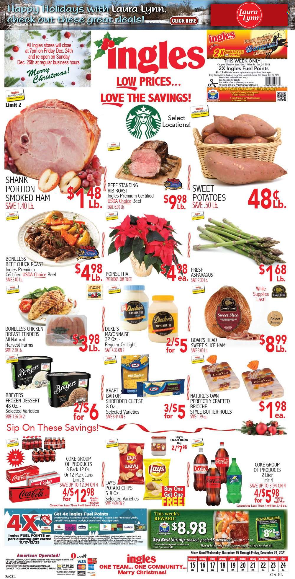 thumbnail - Ingles Flyer - 12/15/2021 - 12/24/2021 - Sales products - brioche, asparagus, potatoes, shrimps, chicken tenders, Kraft®, ham, smoked ham, mild cheddar, shredded cheese, cheddar, butter, mayonnaise, dip, chocolate, Lay’s, pepper, Coca-Cola, Sprite, tea, beef meat, chuck roast, Nature's Own. Page 1.