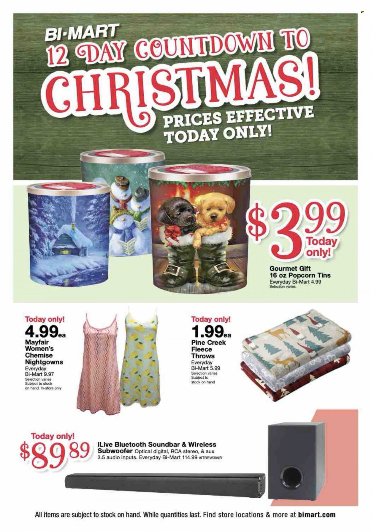 thumbnail - Bi-Mart Flyer - 12/15/2021 - 12/15/2021 - Sales products - popcorn, RCA, subwoofer, wireless subwoofer, sound bar. Page 1.
