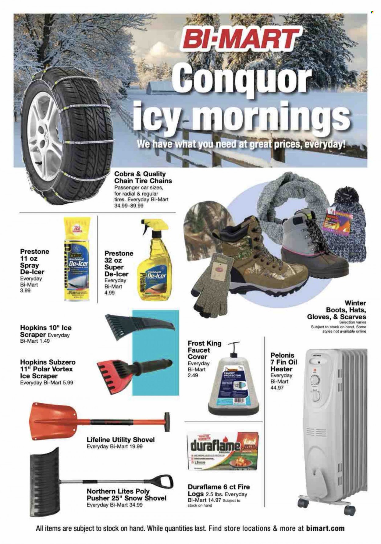 thumbnail - Bi-Mart Flyer - Sales products - faucet, oil, gloves, shovel, snow shovel, Prestone, tires. Page 1.