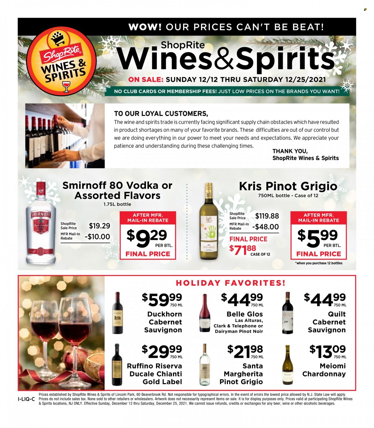 ShopRite Flyer - 12/12/2021 - 12/25/2021 - Sales products - Santa, Cabernet Sauvignon, red wine, white wine, Chardonnay, wine, Pinot Noir, Pinot Grigio, Smirnoff, vodka, beer. Page 1.