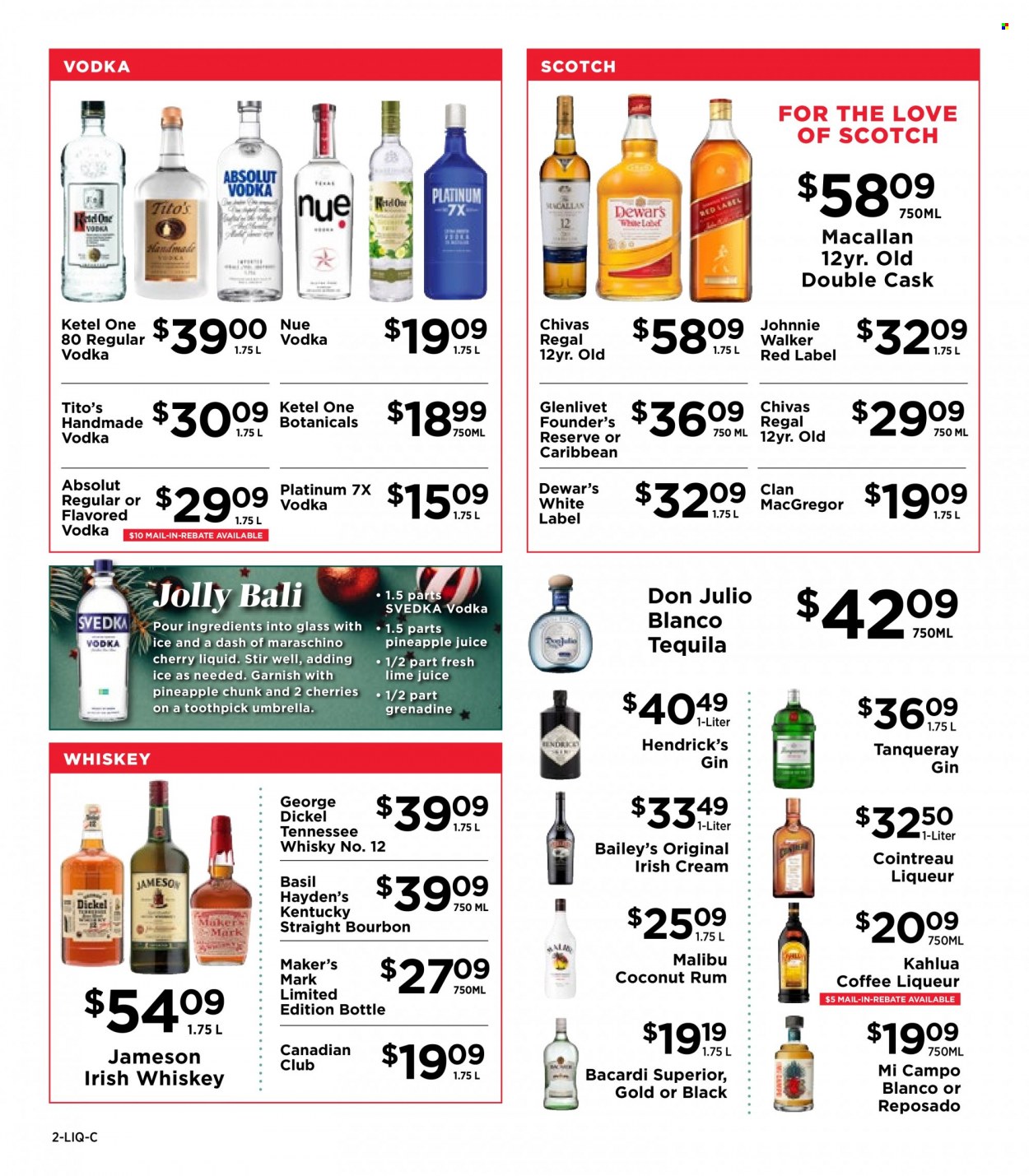 thumbnail - ShopRite Flyer - 12/12/2021 - 12/25/2021 - Sales products - pineapple, Maraschino cherries, esponja, pineapple juice, grenadine, coffee, Kahlúa, Bacardi, bourbon, gin, liqueur, rum, tequila, vodka, whiskey, irish cream, irish whiskey, Jameson, Baileys, Johnnie Walker, Absolut, Chivas Regal, Cointreau, Malibu, Hendrick's, whisky. Page 2.