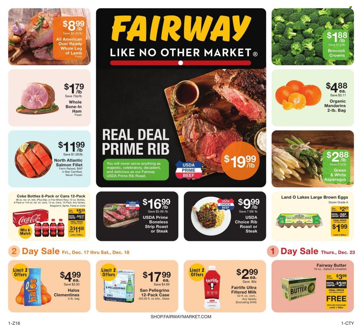 thumbnail - Fairway Market Flyer - 12/17/2021 - 12/23/2021 - Sales products - asparagus, mandarines, salmon, salmon fillet, ham, milk, eggs, butter, Coca-Cola, Sprite, Fanta, San Pellegrino, lamb leg, clementines. Page 1.