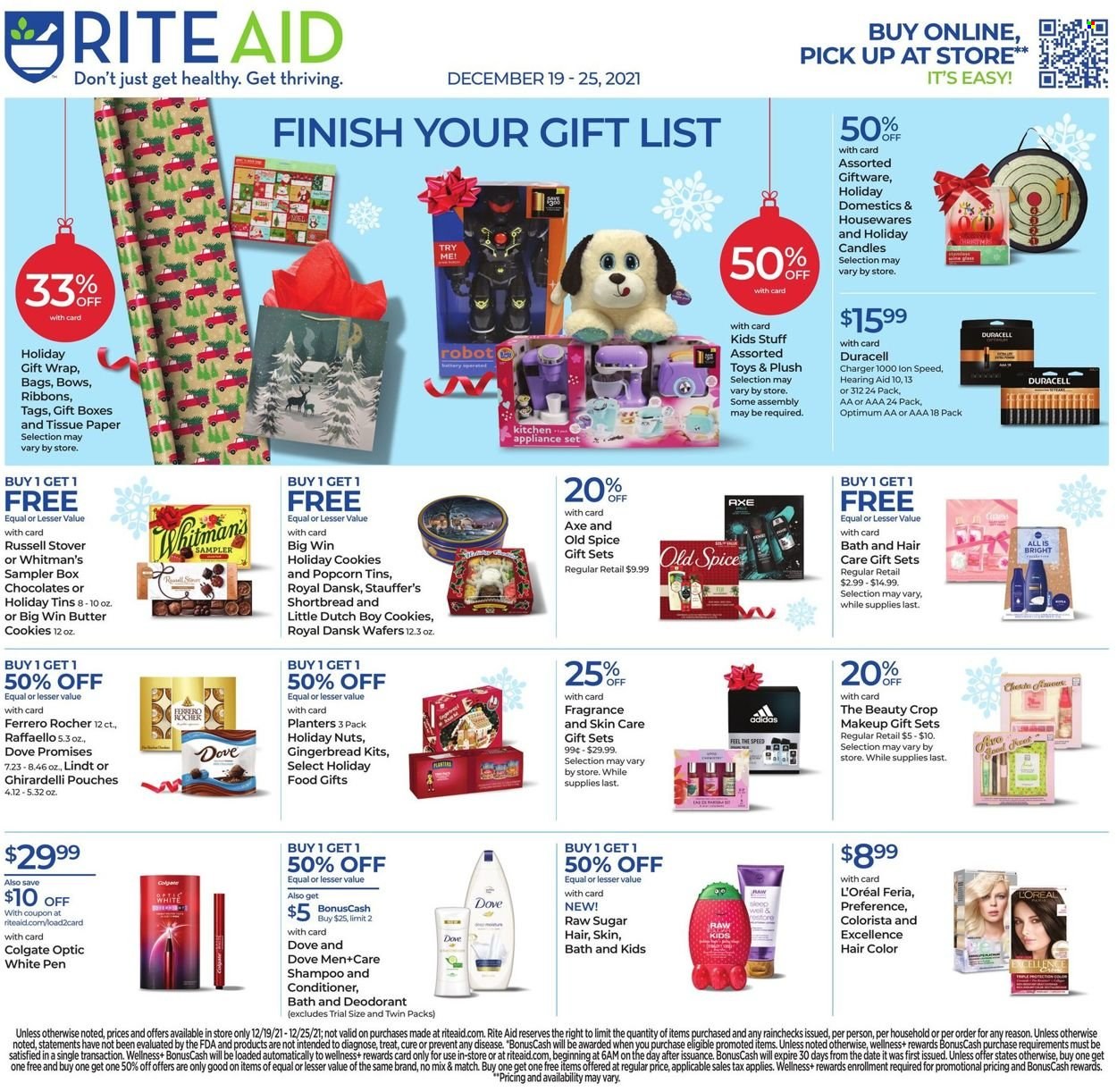 thumbnail - RITE AID Flyer - 12/19/2021 - 12/25/2021 - Sales products - Adidas, cookies, gingerbread, wafers, chocolate, butter cookies, Lindt, Ferrero Rocher, Raffaello, Ghirardelli, popcorn, spice, Planters, Dove, toilet paper, tissues, shampoo, Old Spice, Raw Sugar, Colgate, L’Oréal, conditioner, hair color, Brite, anti-perspirant, fragrance, deodorant, bag, makeup, candle, battery charger, Duracell, Optimum. Page 1.