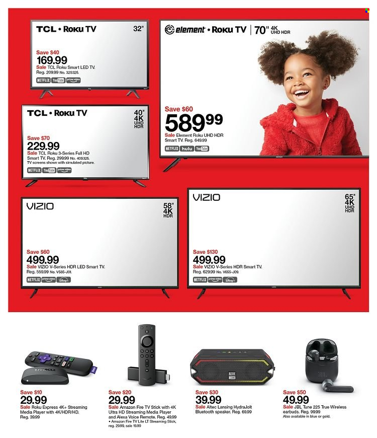 thumbnail - Target Flyer - 12/19/2021 - 12/25/2021 - Sales products - Vizio, Amazon Fire, TCL, Altec Lansing, speaker, JBL, bluetooth speaker, earbuds, streaming media player, Fire TV Stick. Page 27.