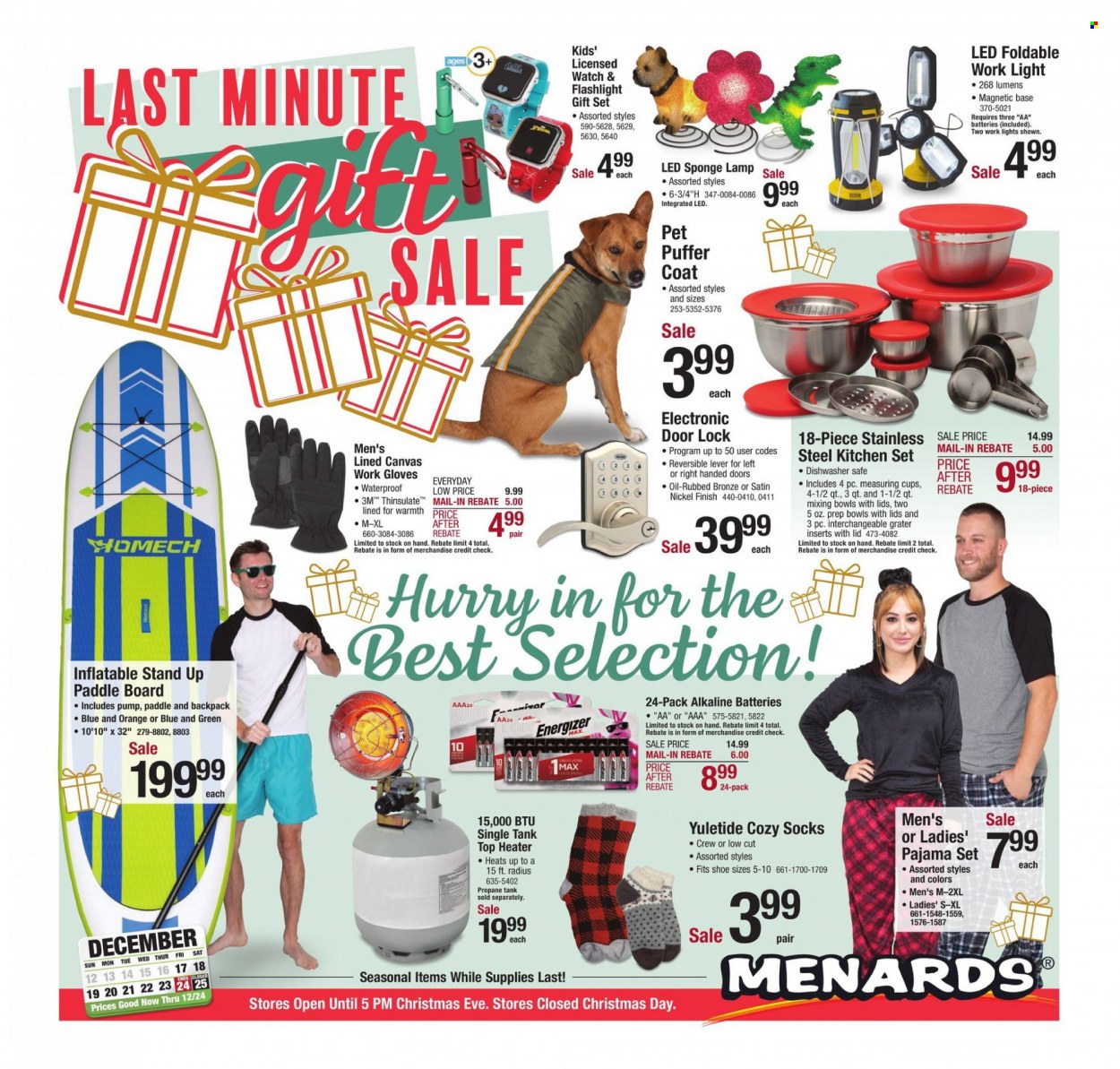 thumbnail - Menards Flyer - 12/17/2021 - 12/24/2021 - Sales products - oil, sponge, cup, handy grater, canvas, Energizer, tank, lamp, work light, heater, work gloves, propane tank, pump. Page 1.