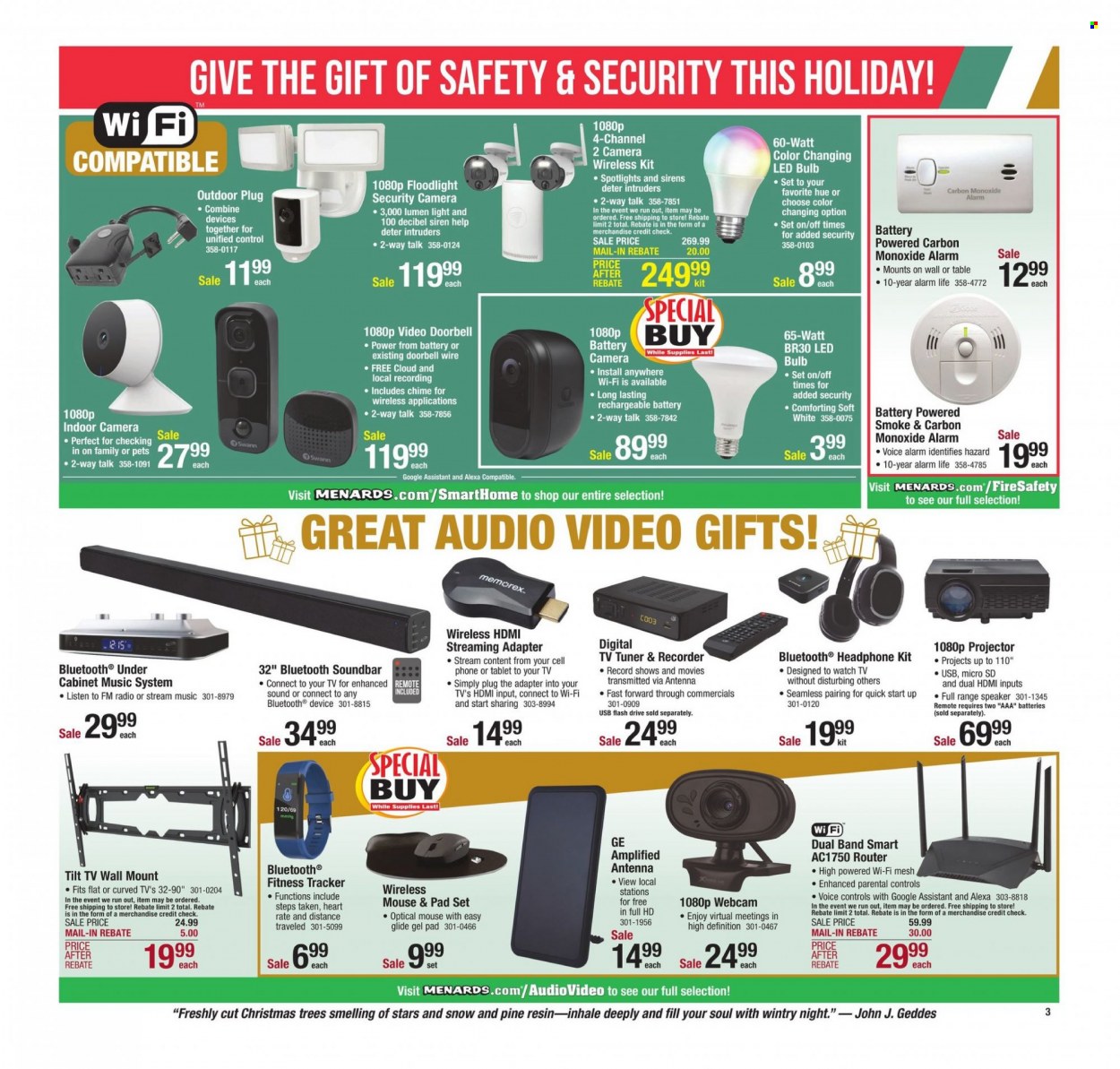 thumbnail - Menards Flyer - 12/17/2021 - 12/24/2021 - Sales products - bulb, LED bulb, spotlight, rechargeable battery, mouse, table, cabinet, christmas tree, floodlight, radio. Page 3.
