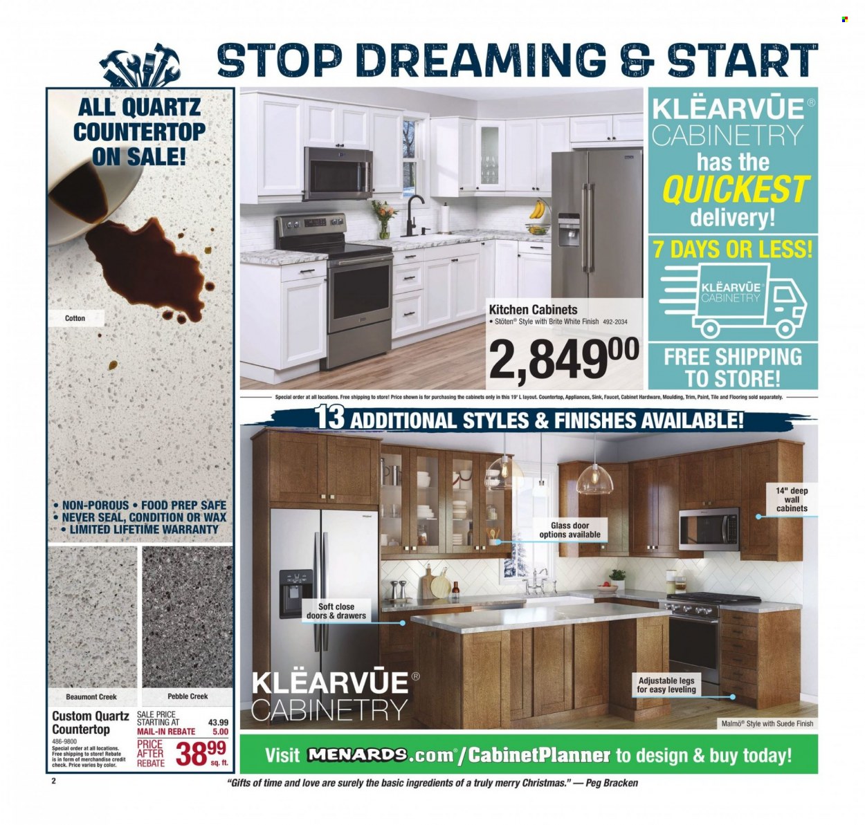 thumbnail - Menards Flyer - 12/14/2021 - 12/24/2021 - Sales products - faucet, TRULY, kitchen cabinet, cabinet, flooring, moulding, glass door. Page 2.
