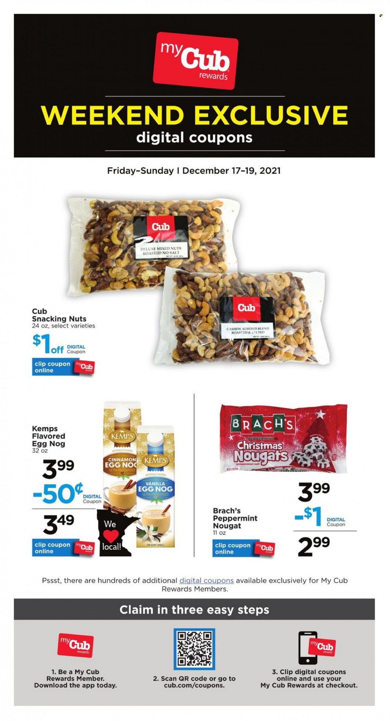 thumbnail - Cub Foods Flyer - 12/17/2021 - 12/19/2021 - Sales products - Kemps, eggs, nougat, cinnamon, mixed nuts. Page 1.