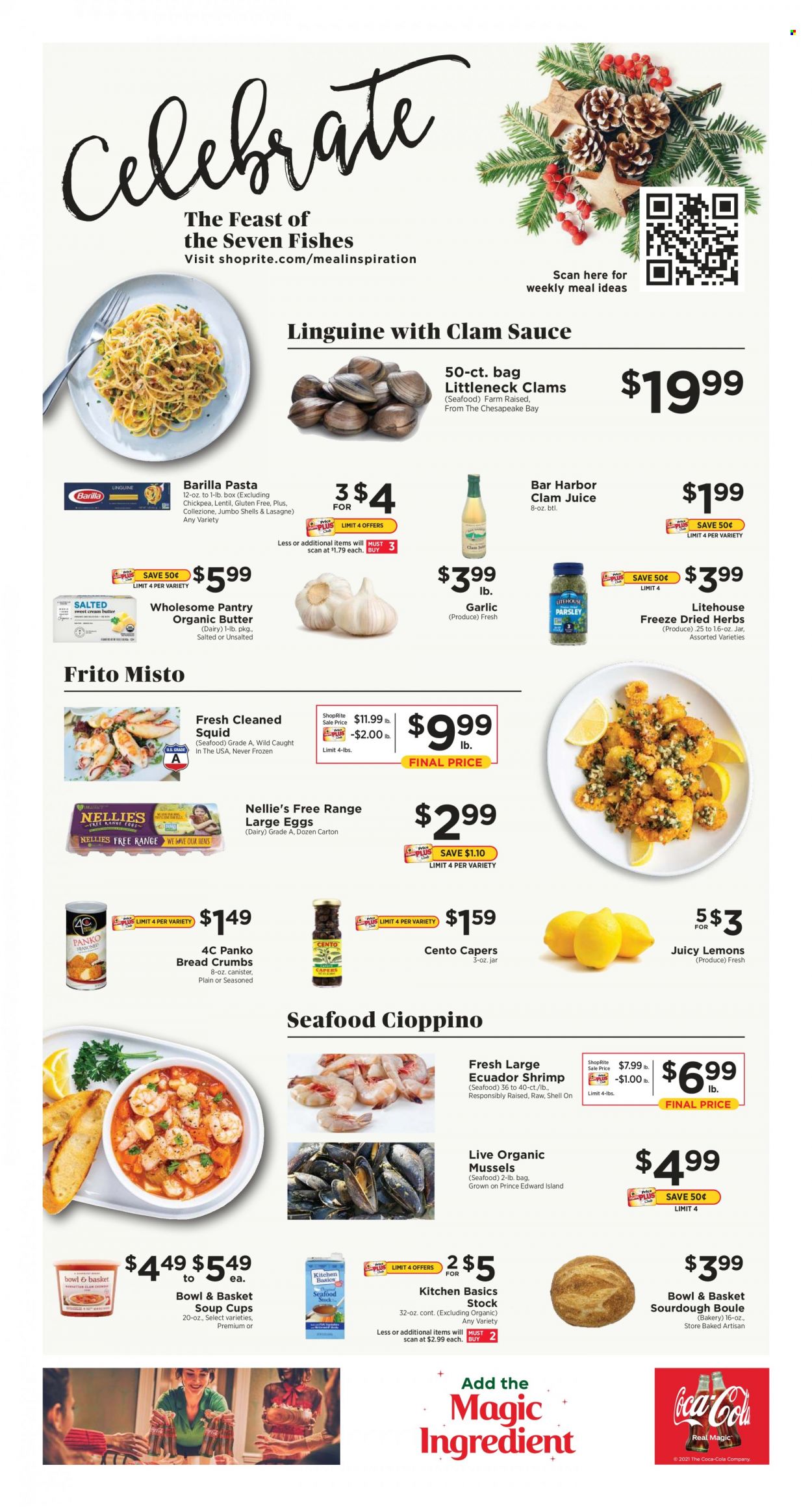 thumbnail - ShopRite Flyer - 12/19/2021 - 12/25/2021 - Sales products - Bowl & Basket, breadcrumbs, panko breadcrumbs, garlic, clams, mussels, squid, seafood, shrimps, soup, pasta, sauce, Barilla, large eggs, butter, capers, herbs, juice, cup, lemons. Page 13.