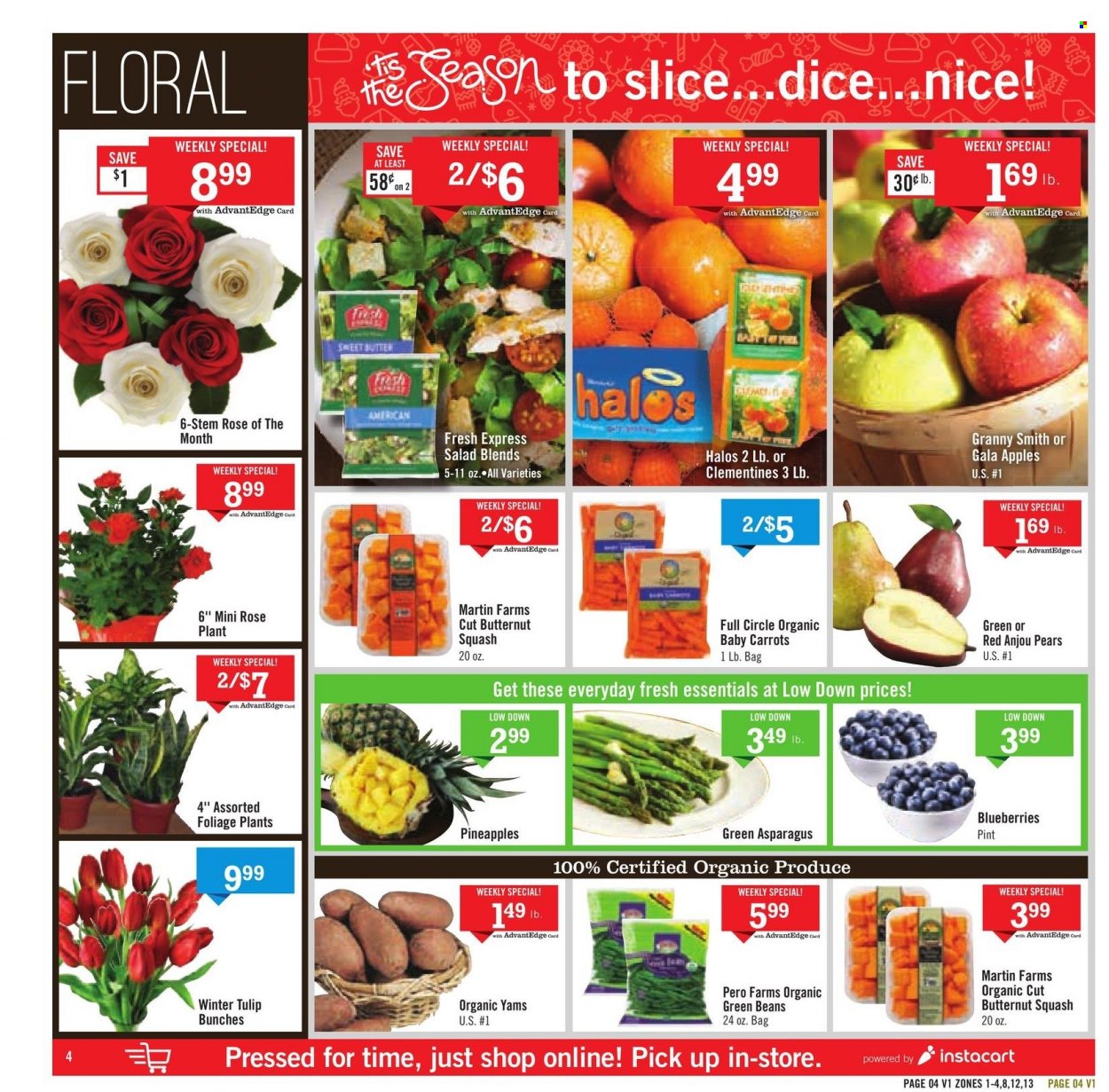thumbnail - Price Chopper Flyer - 12/19/2021 - 12/25/2021 - Sales products - asparagus, beans, carrots, green beans, salad, apples, blueberries, Gala, pineapple, pears, Granny Smith, Nice!, wine, rosé wine, bunches, rose, butternut squash, clementines. Page 4.