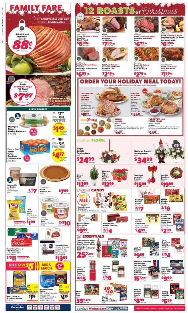 thumbnail - Family Fare Flyer - 12/19/2021 - 12/24/2021 - Sales products - russet potatoes, potatoes, cherries, Kraft®, half ham, shredded cheese, chocolate, Ferrero Rocher, Santa, chips, Lay’s, Coca-Cola, Pepsi, 7UP, coffee, gin, beef meat, round roast, roast beef, chuck roast, pork loin, pork meat, pork shoulder, wrapping paper, candle, AAA batteries, Eveready, book, clementines. Page 1.