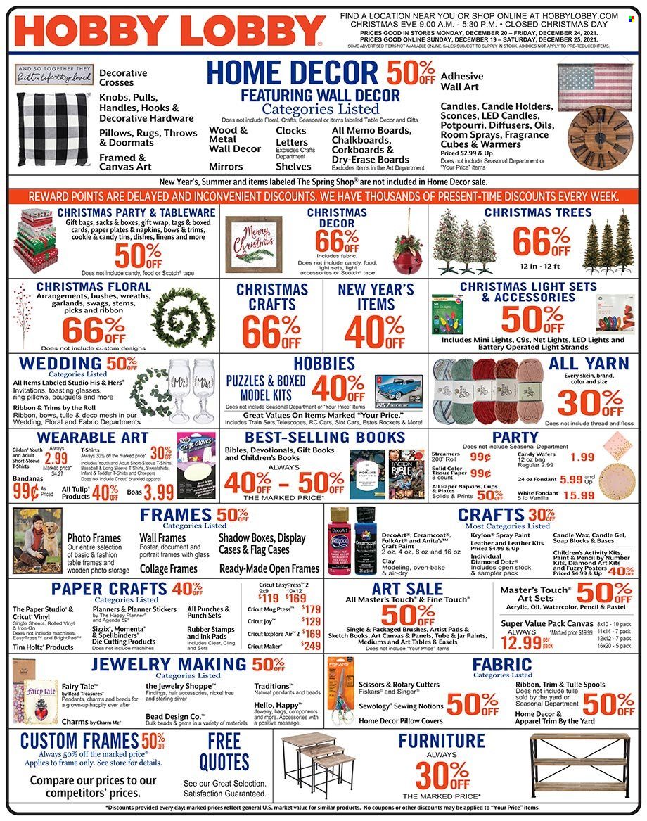 thumbnail - Hobby Lobby Flyer - 12/19/2021 - 12/25/2021 - Sales products - bag, sticker, boxed card, gift wrap, scissors, eraser, photo frame, paper, pencil, canvas, ribbon, napkins, linens, pillow cover, mirror, wall decor, christmas tree, christmas decor. Page 1.