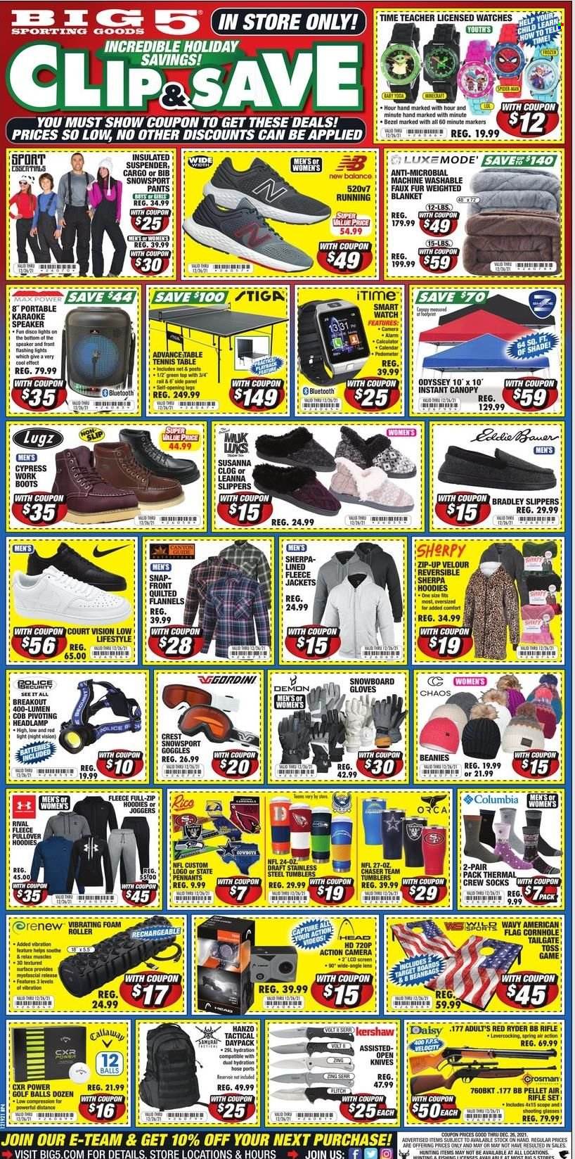 thumbnail - Big 5 Flyer - 12/19/2021 - 12/26/2021 - Sales products - boots, Callaway, Columbia, New Balance, slippers, Lugz, knife, tumbler, speaker, jacket, pants, hoodie, pullover, joggers, socks, beanie, Stiga, table tennis table, rifle, headlamp, pellet gun, scope, golf balls. Page 5.